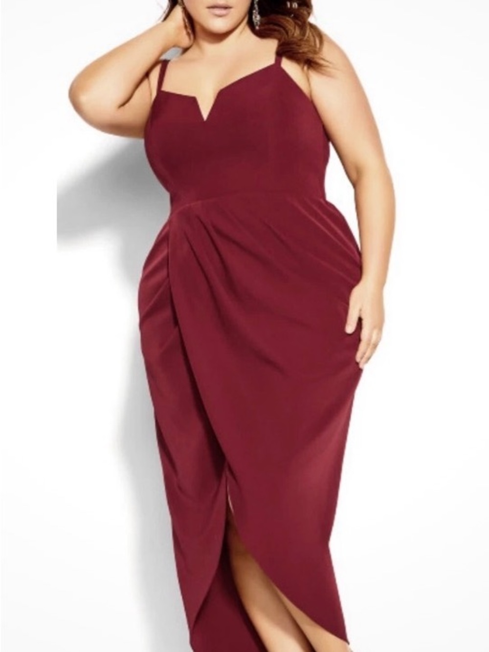 Plus Size V-Neck Ruby Red Draped Midi Dress
